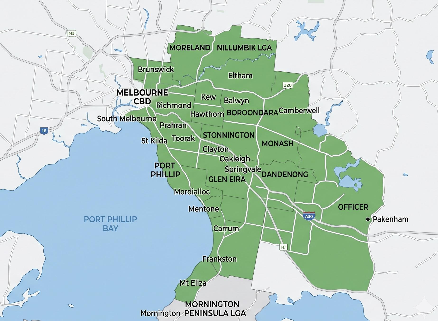 Map highlighting RCCG's South East Melbourne service area, from South Yarra down to Frankston